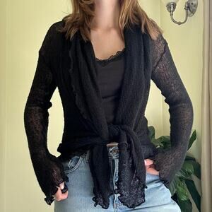 Van klee black mesh stretchy cardigan with ruffles